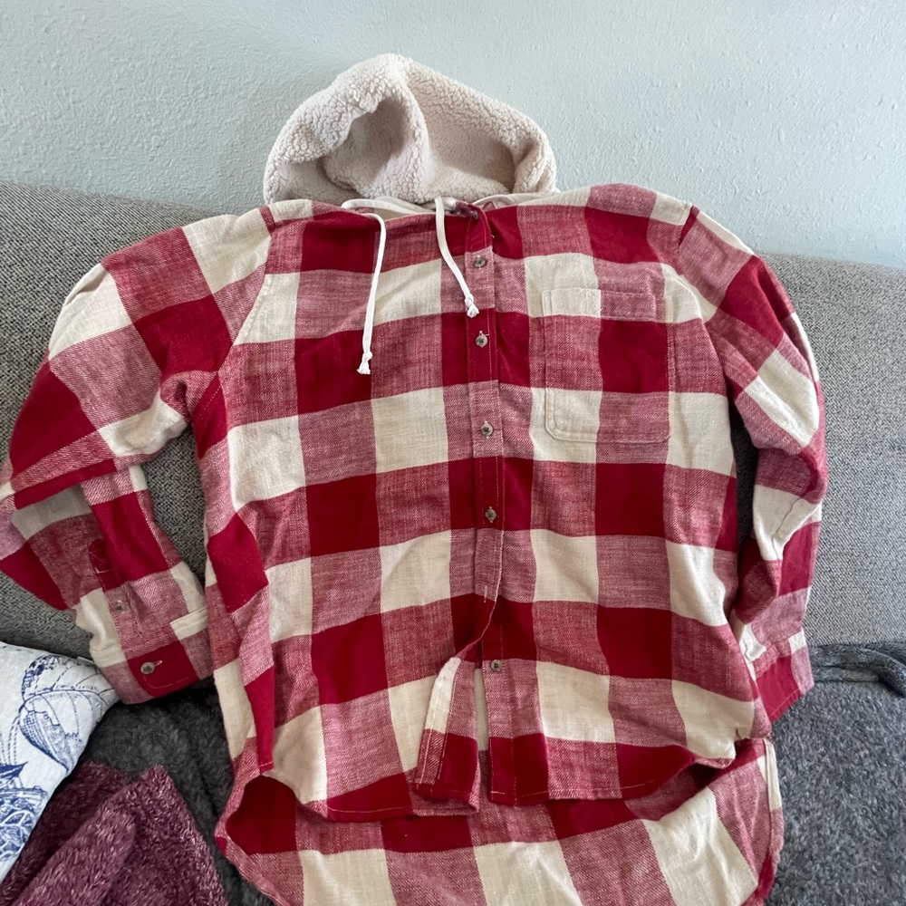 Red and Cream Plaid Hooded Shirt